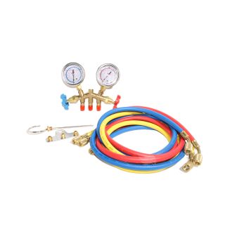 SET MANOMETROS MANIFOLD C/MANGUERAS CARGA DE GASES  R134A R22 R404 R4 MATERIAL COBRE S/ACOPLE MANGUERAS 1.5 METRO  LION AIR HERRAMIENTAS